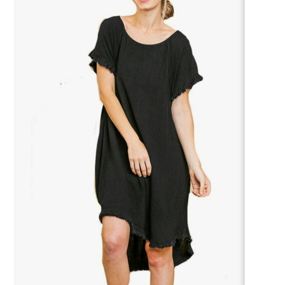 Umgee EUC high low cotton linen fringe short sleeve summer dress Medium black